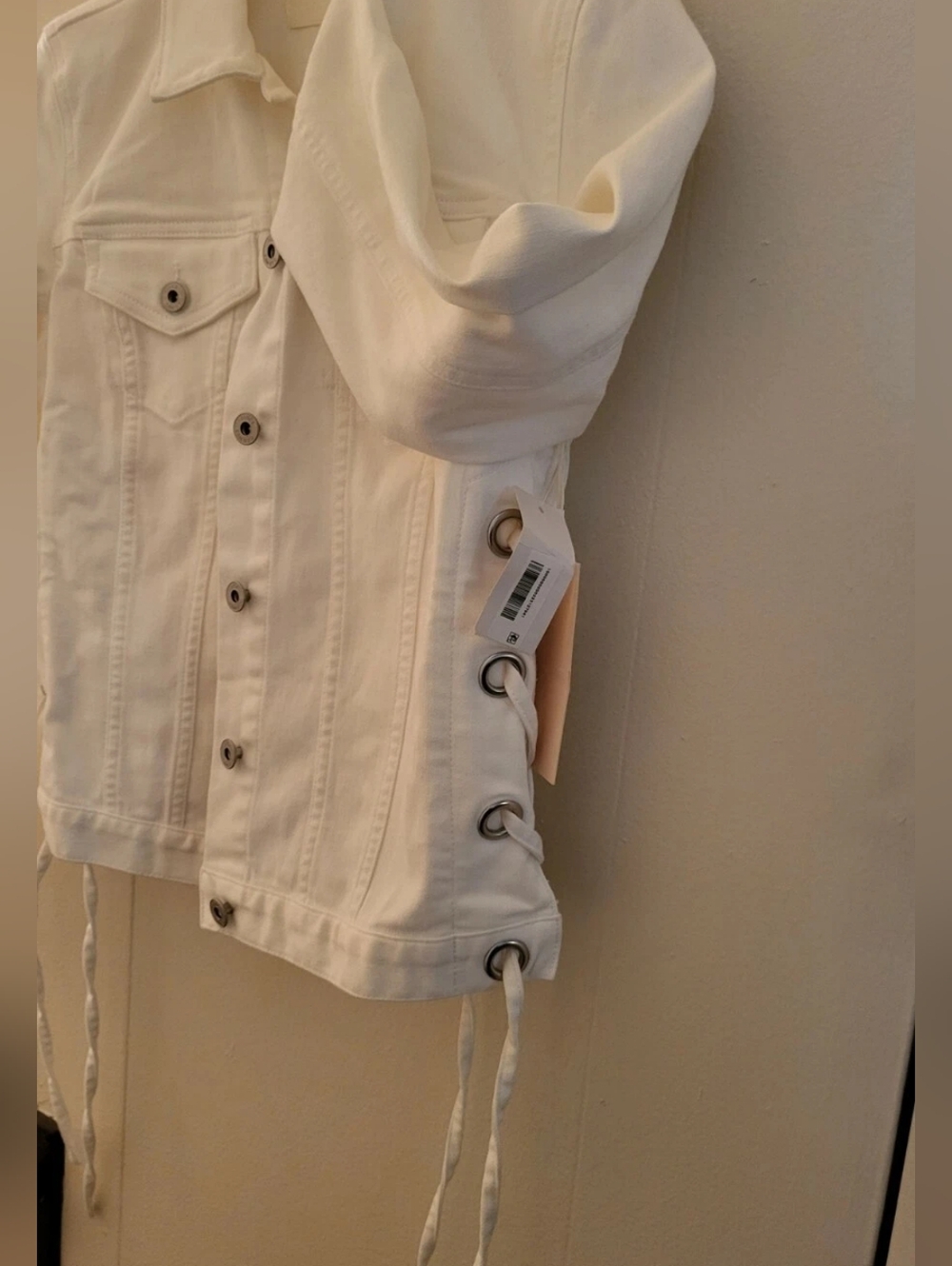 VINCE CAMUTO Womens White Point Collar Denim Jacket  Side Lace Detail Sz XS Nwt - Picture 10 of 12